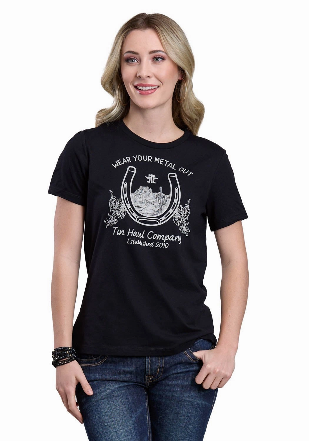 Tin Haul Womens Horseshoe With Scenery Black Cotton Blend S/S T-Shirt Essential Layer