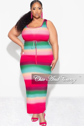 Side slits Thermal Insulation Layer Final Sale Plus Size Ribbed 2pc Crop Drawstring Top and Pencil Skirt in Fuchsia Green and Orange