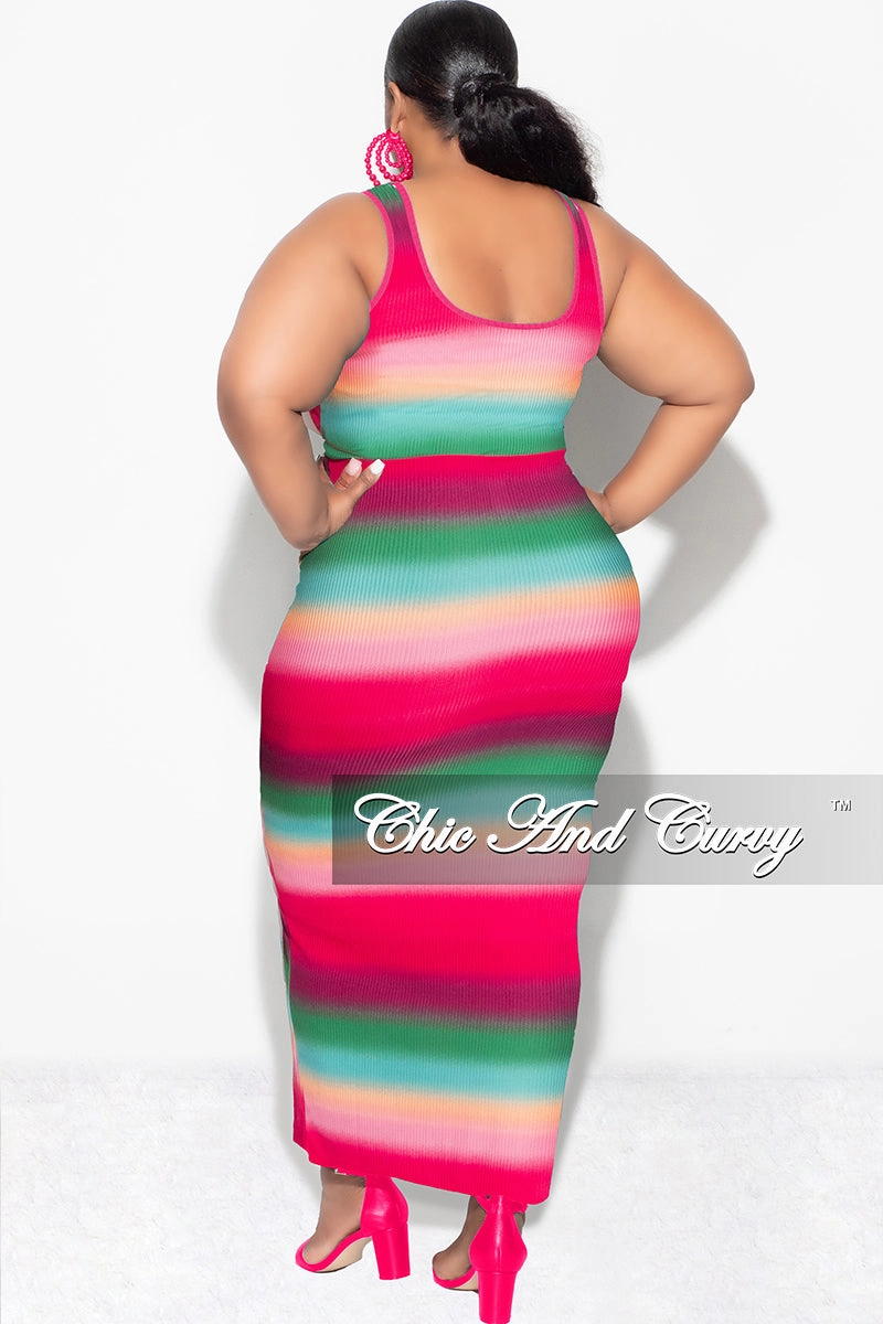 Sporty Vibe Outdoor Essentials Final Sale Plus Size Ribbed 2pc Crop Drawstring Top and Pencil Skirt in Fuchsia Green and Orange