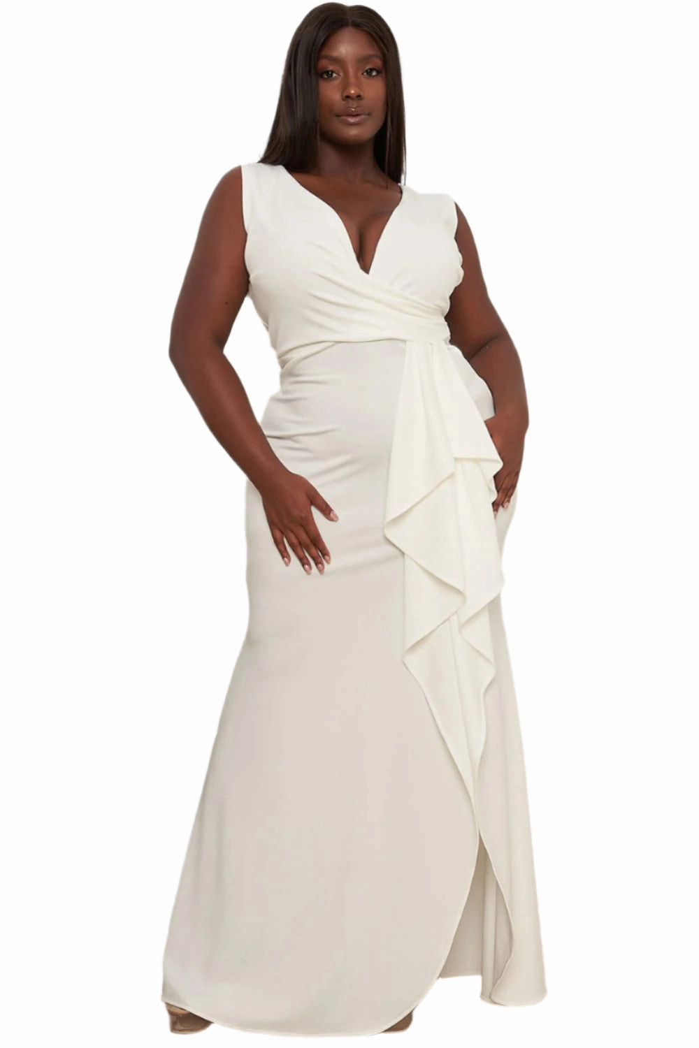Final Sale Plus Size Faux Wrap Gown with Ruffled Slit in Ivory StainResistantCoating