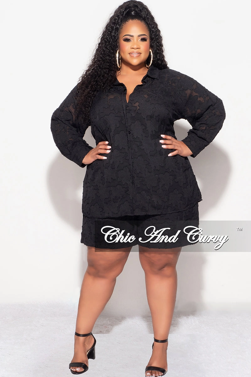 Final Sale Plus Size 2pc Collar Button Up Top And Short Set In Black Cozy Style