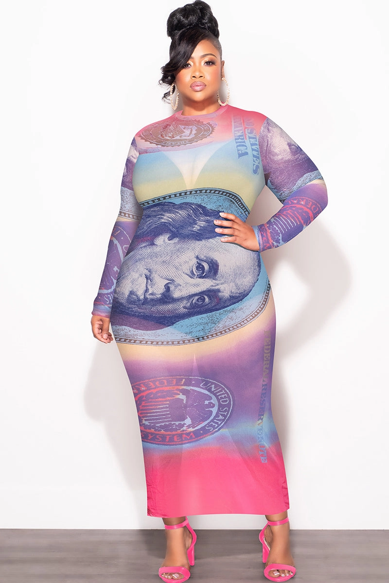 Tailored Wear Casual Comfort Fit Final Sale Plus Size BodyCon In Mesh with Colorful Money Print