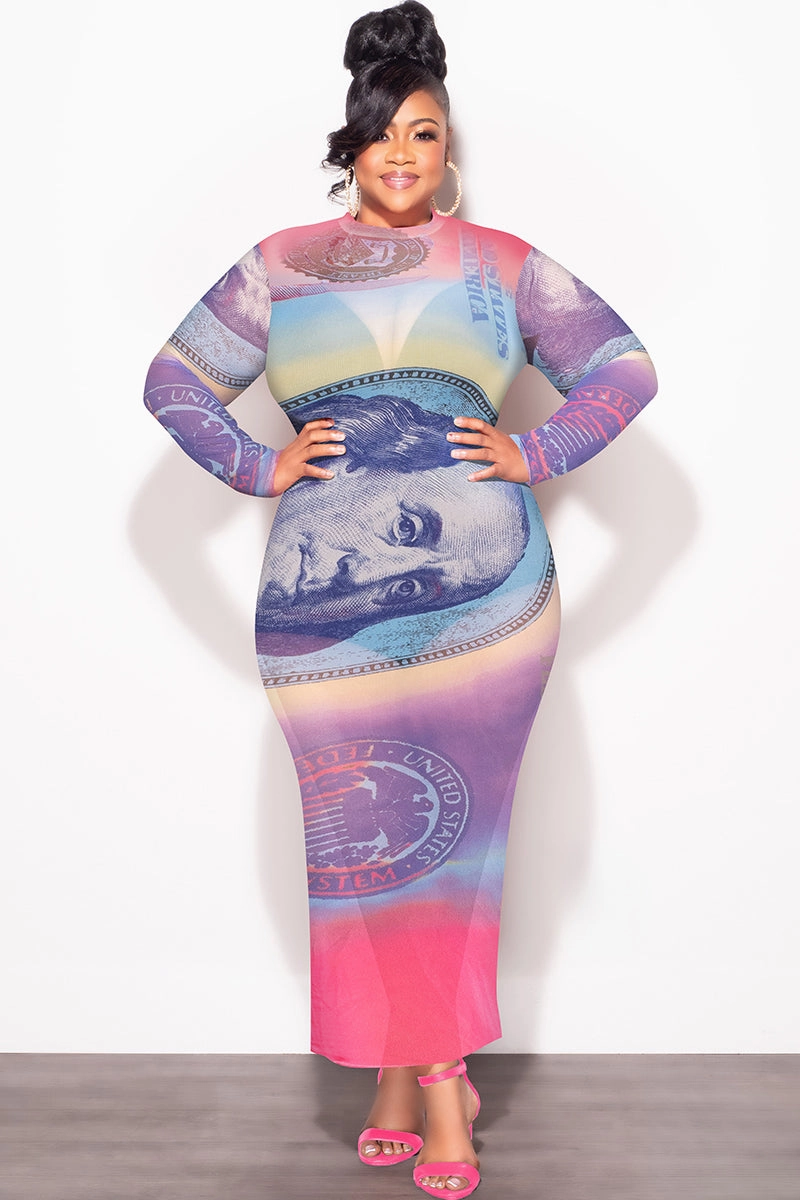UVProtectiveLayer Final Sale Plus Size BodyCon In Mesh with Colorful Money Print