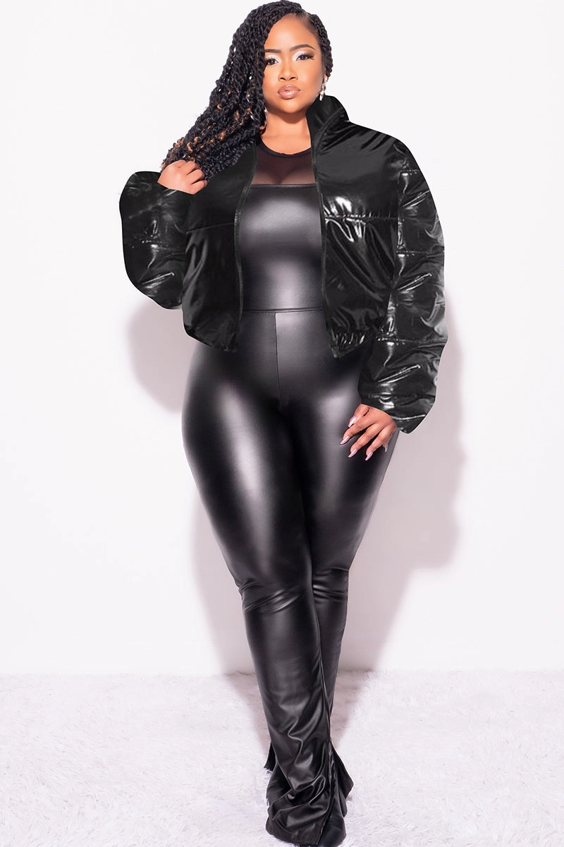 Final Sale Plus Size Shiny Crop Puffer Jacket in Black Denim finish Flexible Movement
