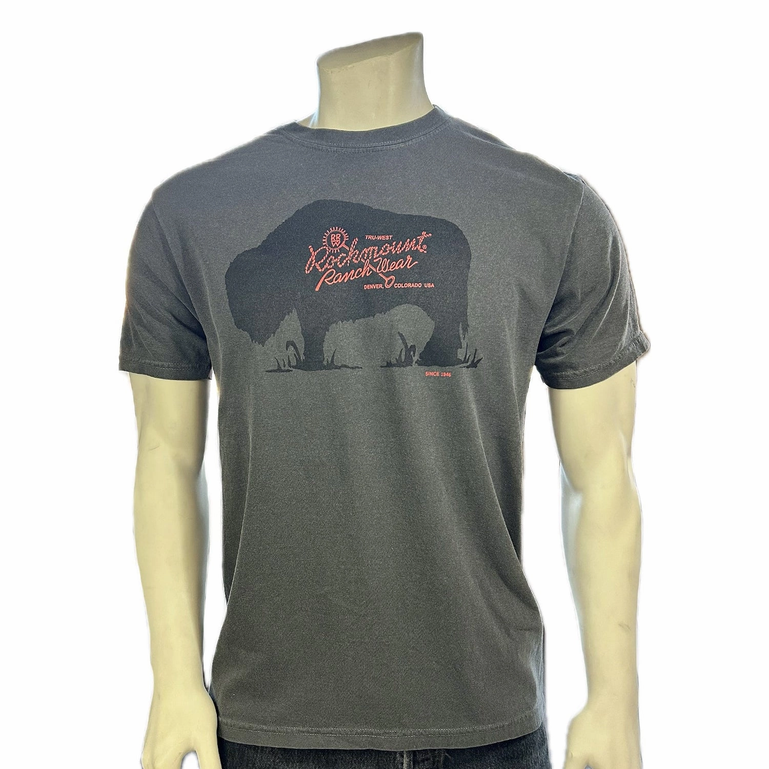 Rockmount Mens American Bison Charcoal 100% Cotton S/S T-Shirt Sleek Performance