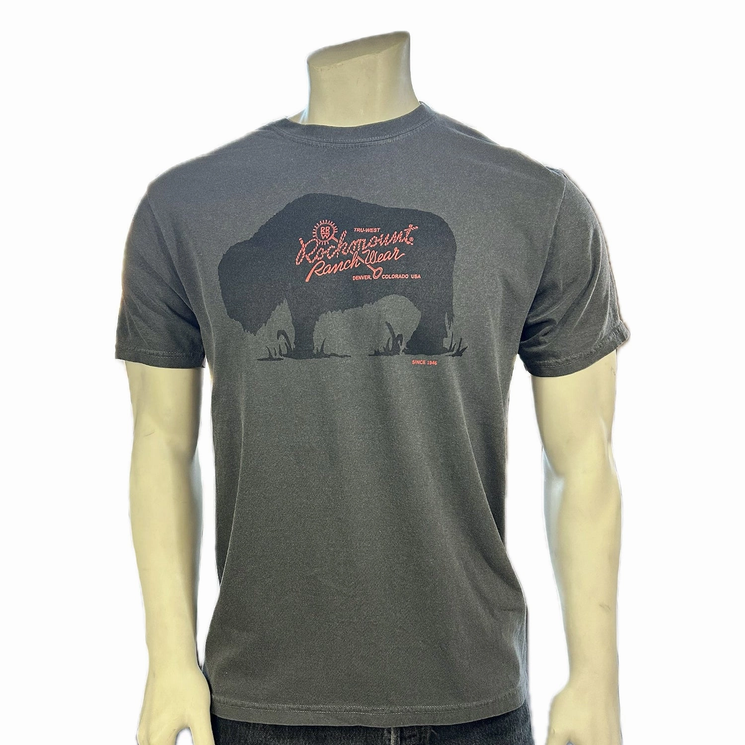 Rockmount Mens American Bison Charcoal 100% Cotton S/S T-Shirt Layering Comfort