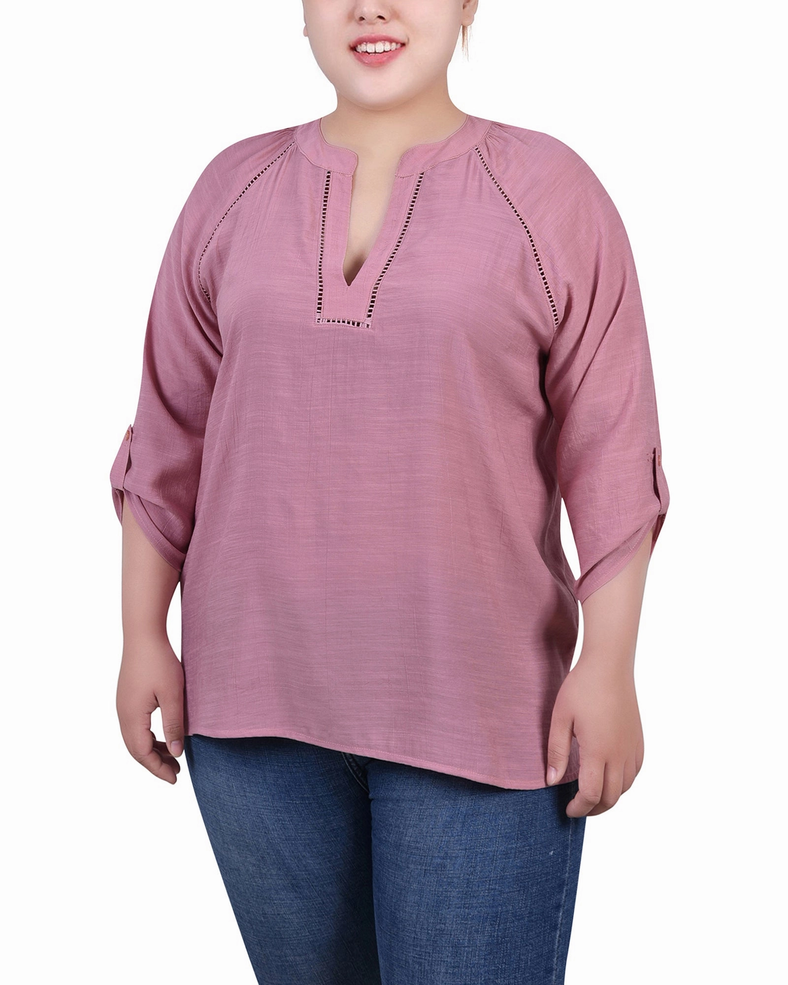 Stretchy Top Plus Size Raglan Sleeve Split Neck Blouse