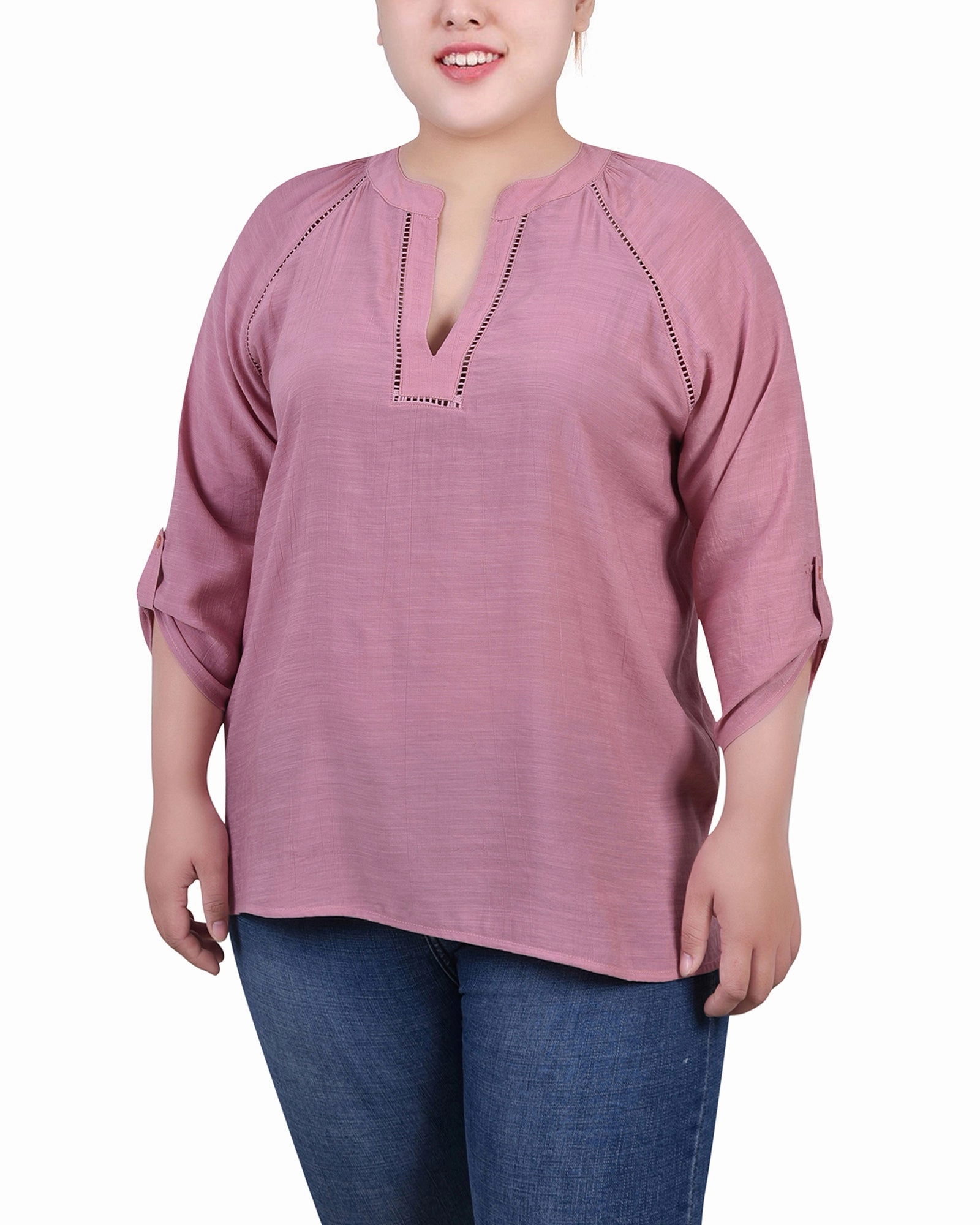 EcoFriendly Material EcoFriendly Dye Plus Size Raglan Sleeve Split Neck Blouse