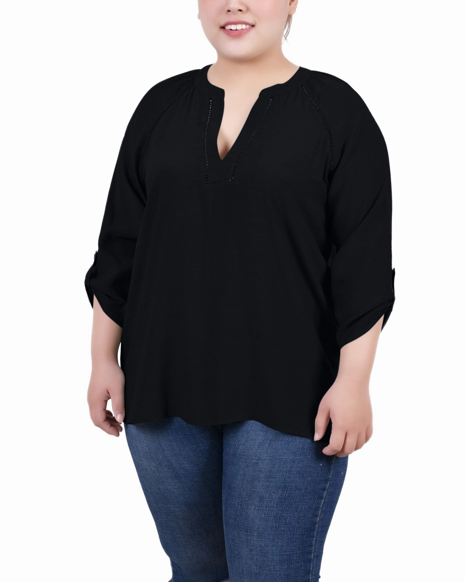 Plus Size Raglan Sleeve Split Neck Blouse ConvertibleStyle All Day Comfort