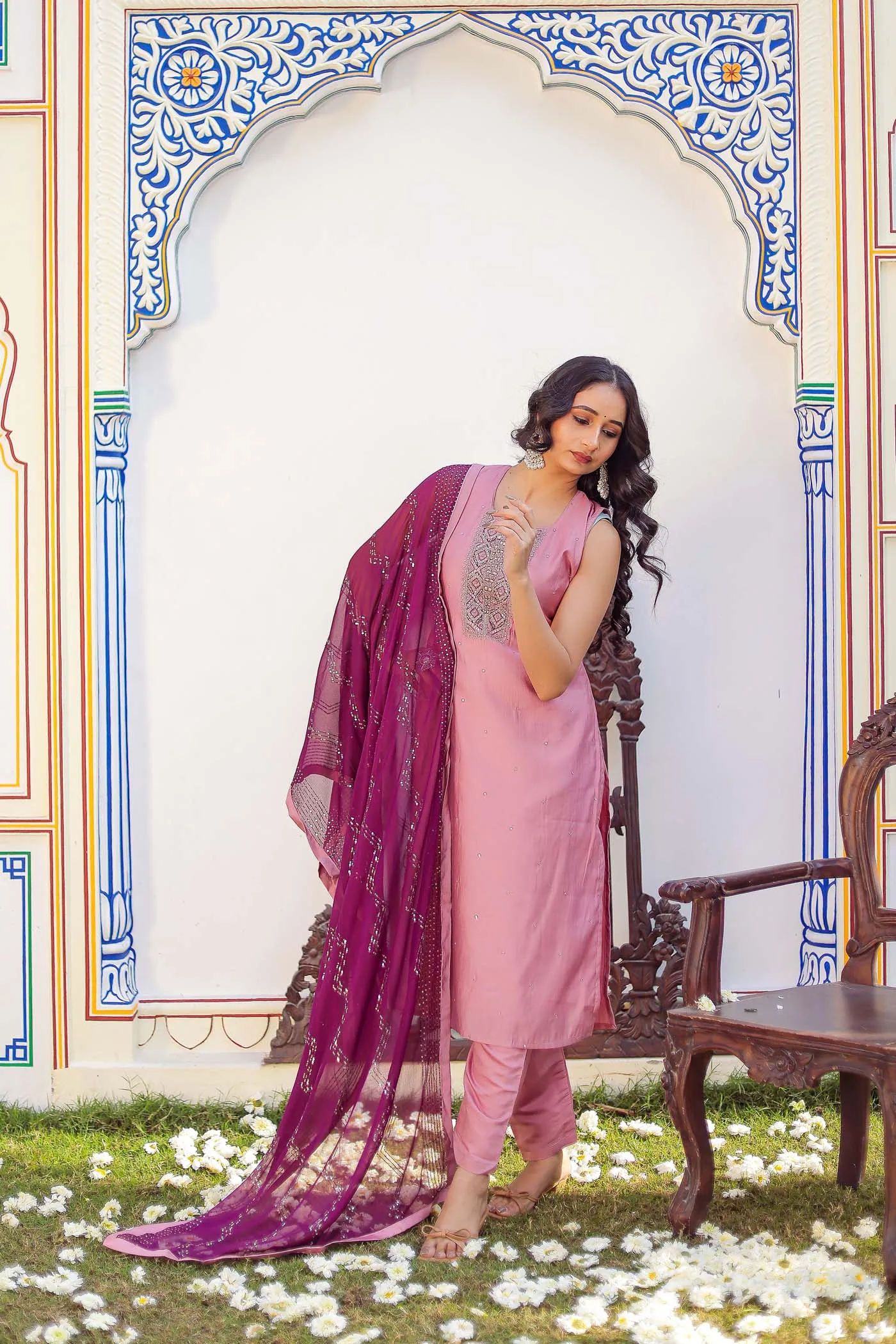 Dusty Pink Silk Straight Cut Suit.