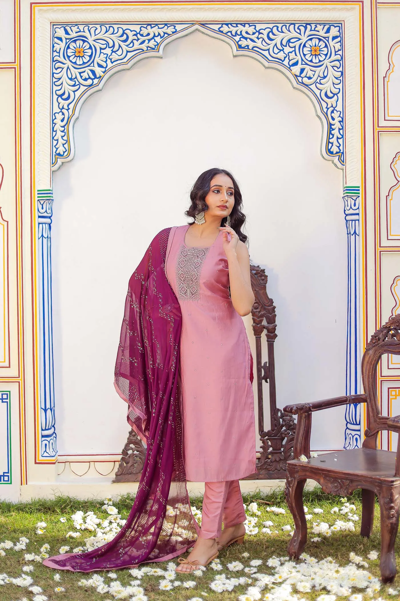 Dusty Pink Silk Straight Cut Suit.