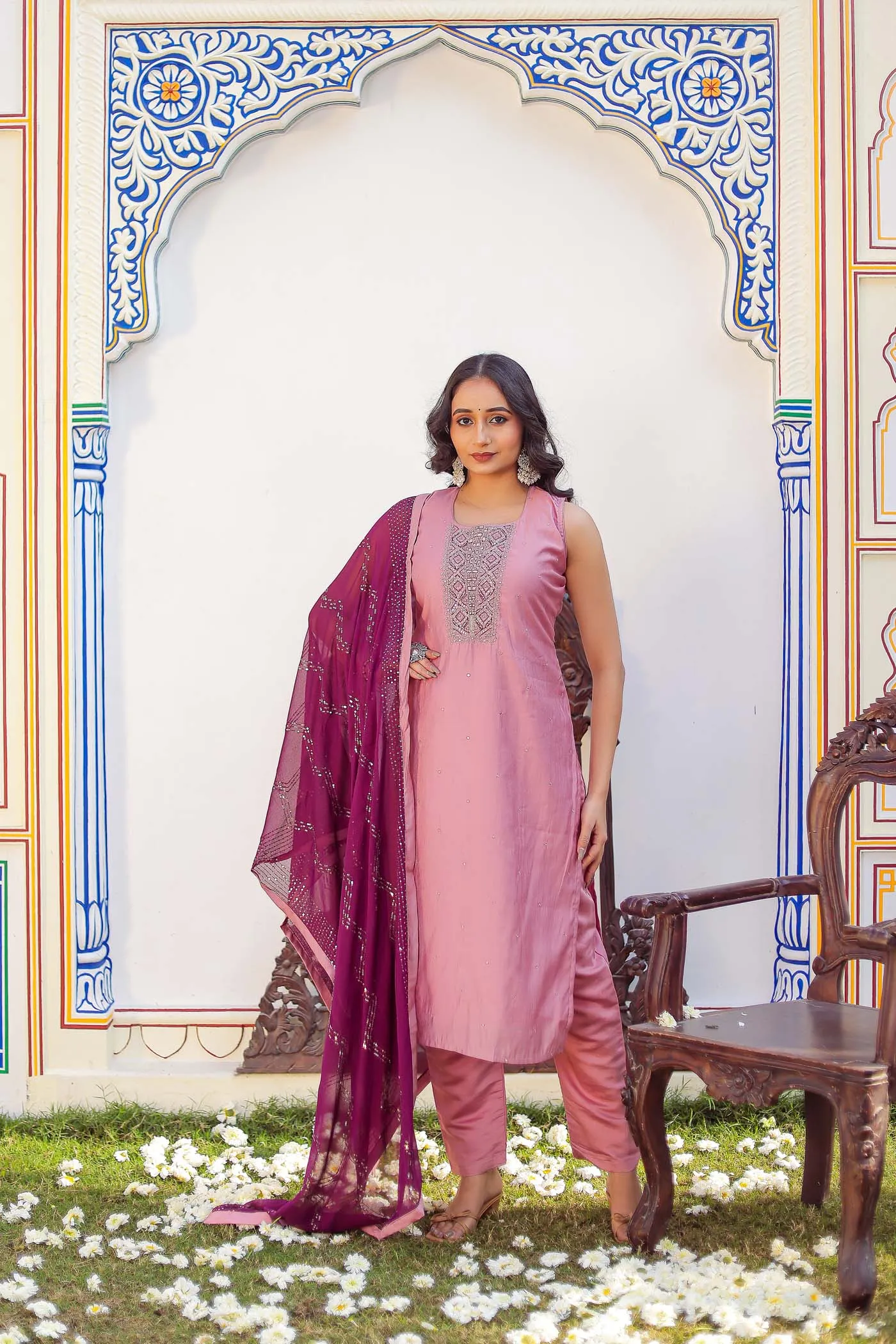 Dusty Pink Silk Straight Cut Suit.