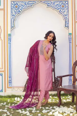 Dusty Pink Silk Straight Cut Suit.