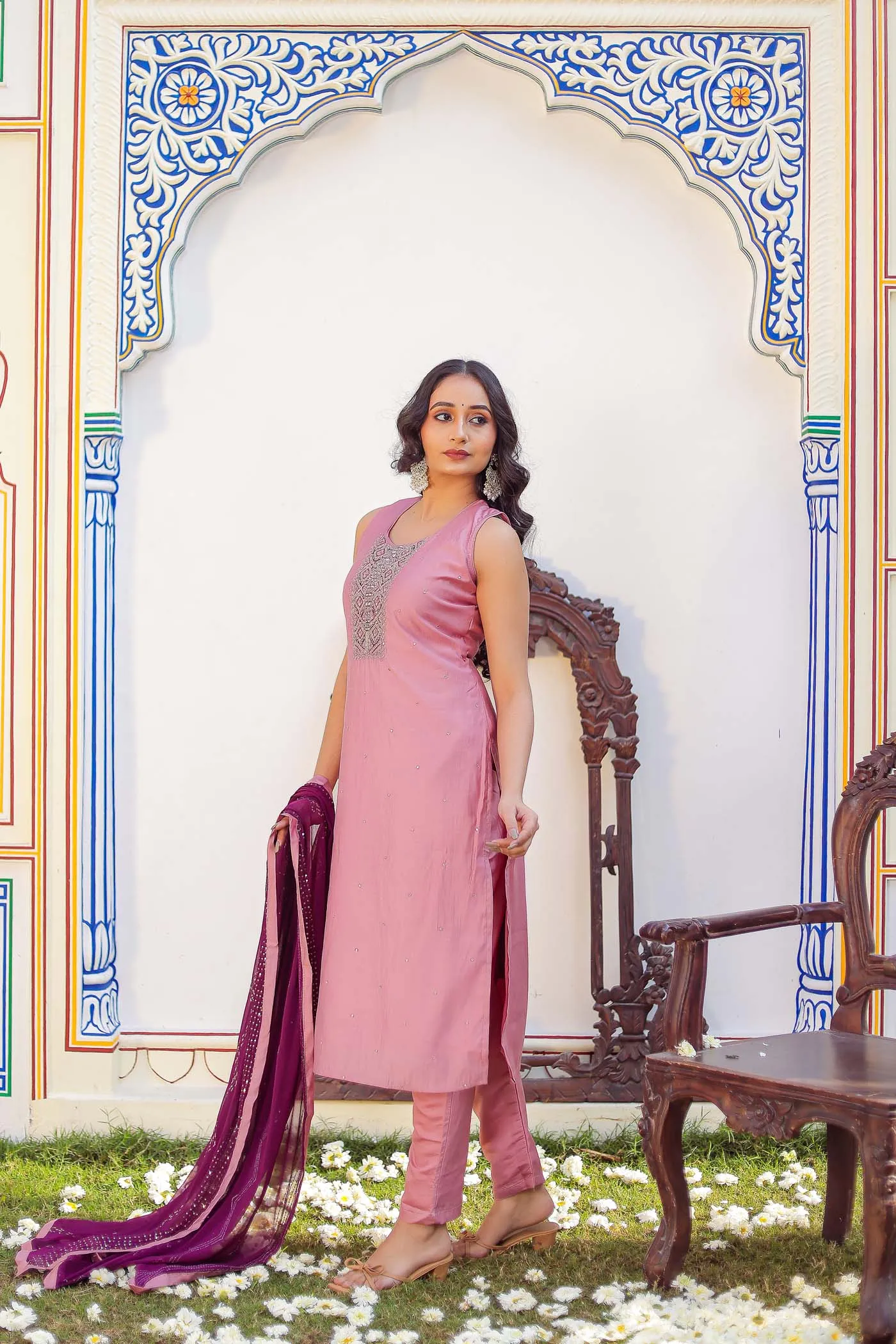 Dusty Pink Silk Straight Cut Suit.