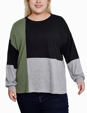 Plus Size Long Sleeve Colorblocked Top Elegant Blouse Low Profile Collar