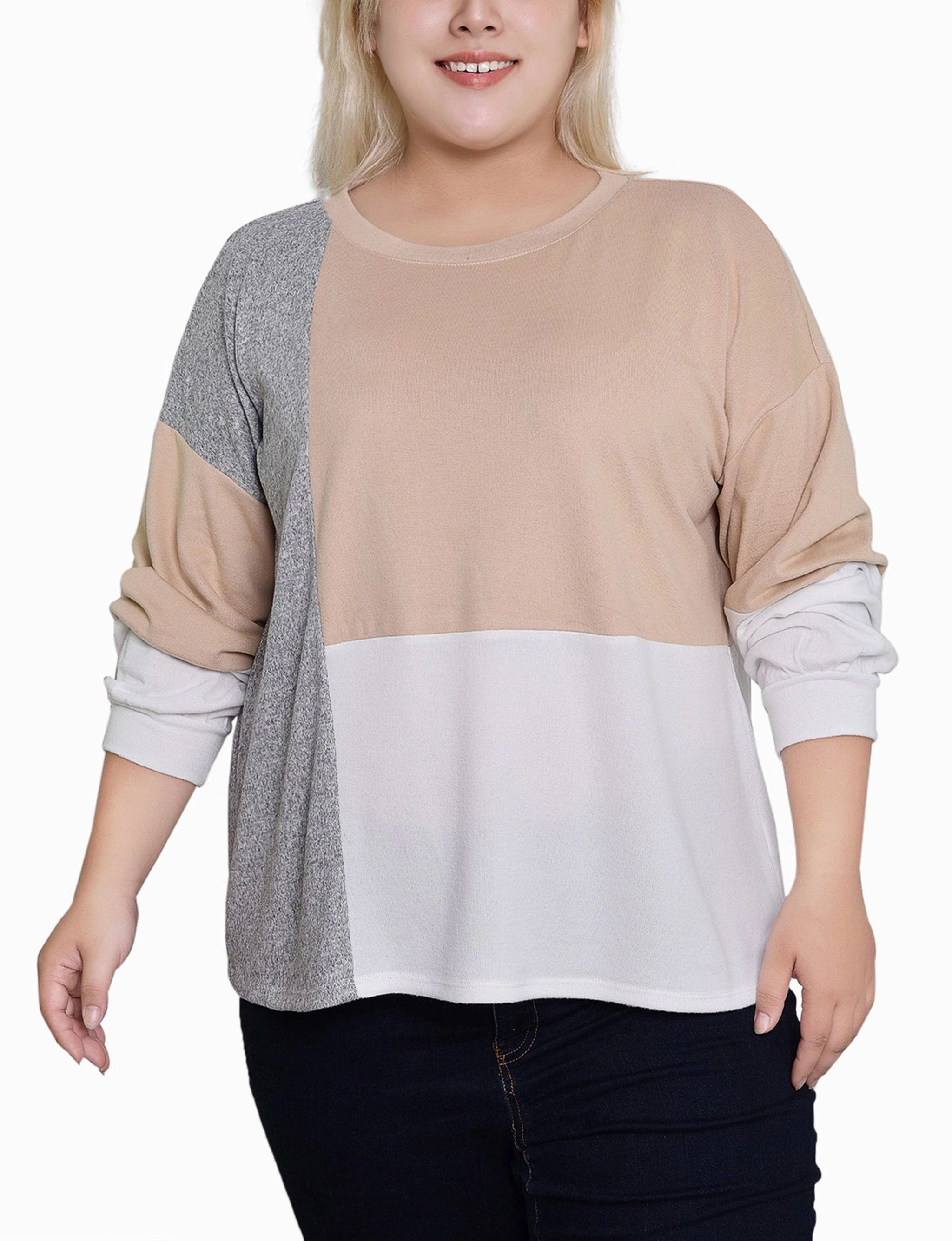 Odor Resistant Finish Plus Size Long Sleeve Colorblocked Top