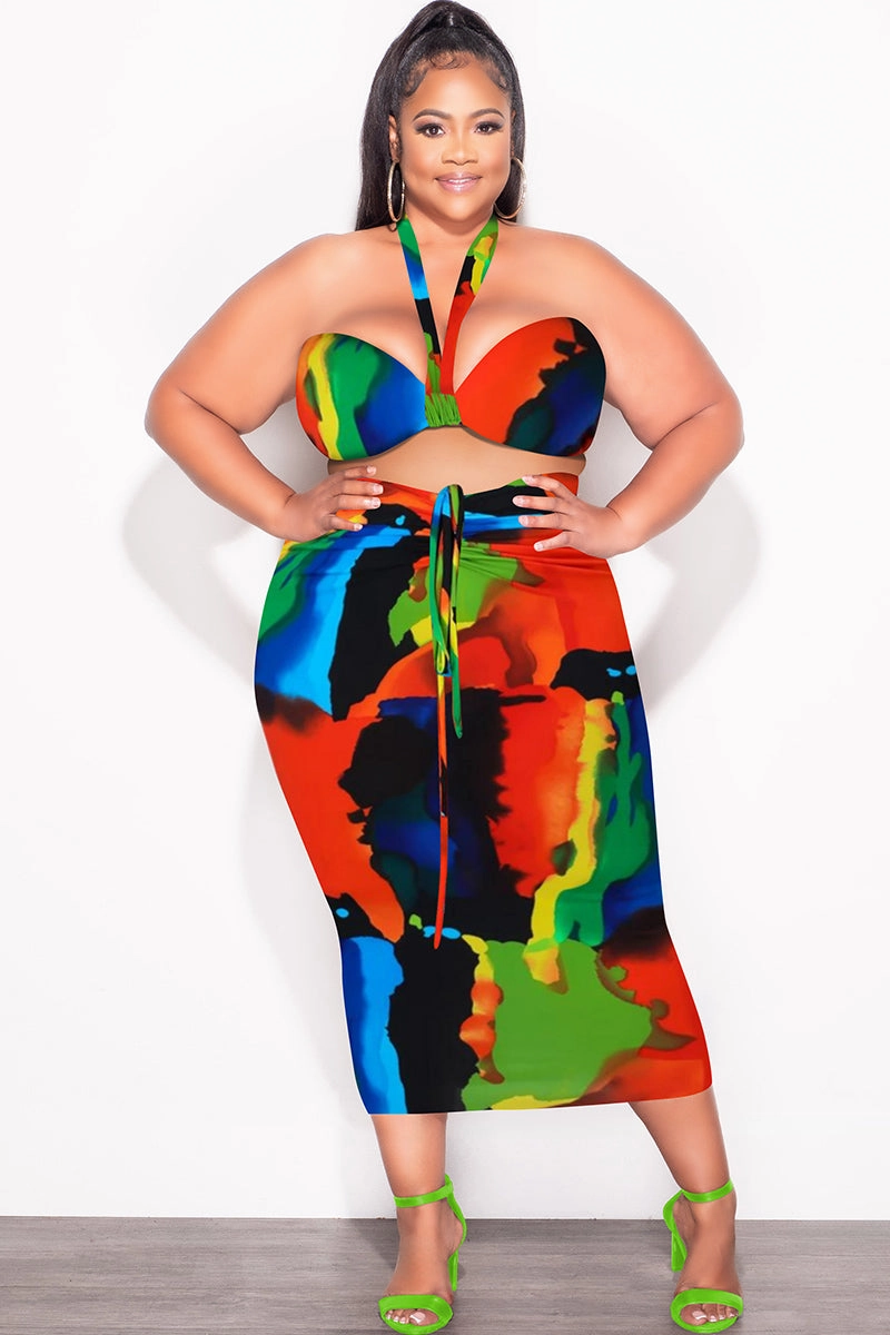 Final Sale Plus Size 2pc Set with Self Tie Top & Ruched Skirt in Multi-Color Paint Print MoistureControlLiner WaterRepellent