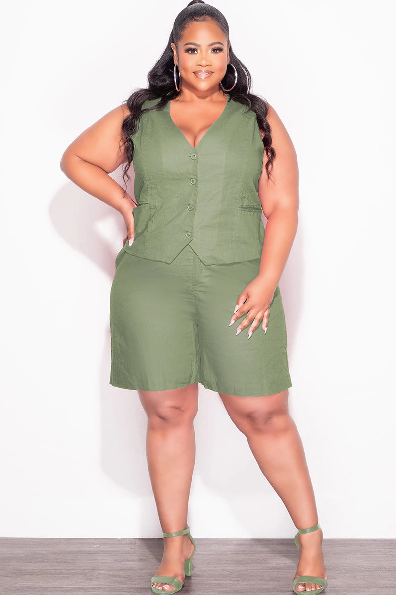 Final Sale Plus Size 2pc Sleeveless Linen Blazer Vest Short Set in Olive Casual Comfort Look Smart Motion