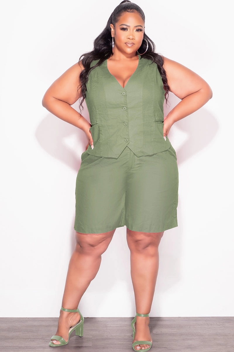 Core Movement Final Sale Plus Size 2pc Sleeveless Linen Blazer Vest Short Set in Olive