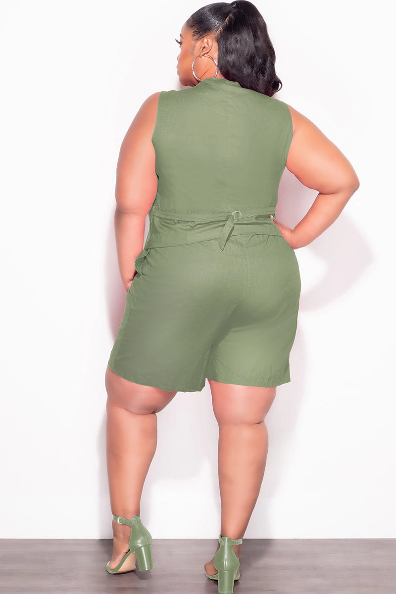 Final Sale Plus Size 2pc Sleeveless Linen Blazer Vest Short Set in Olive Quick-Dry Material