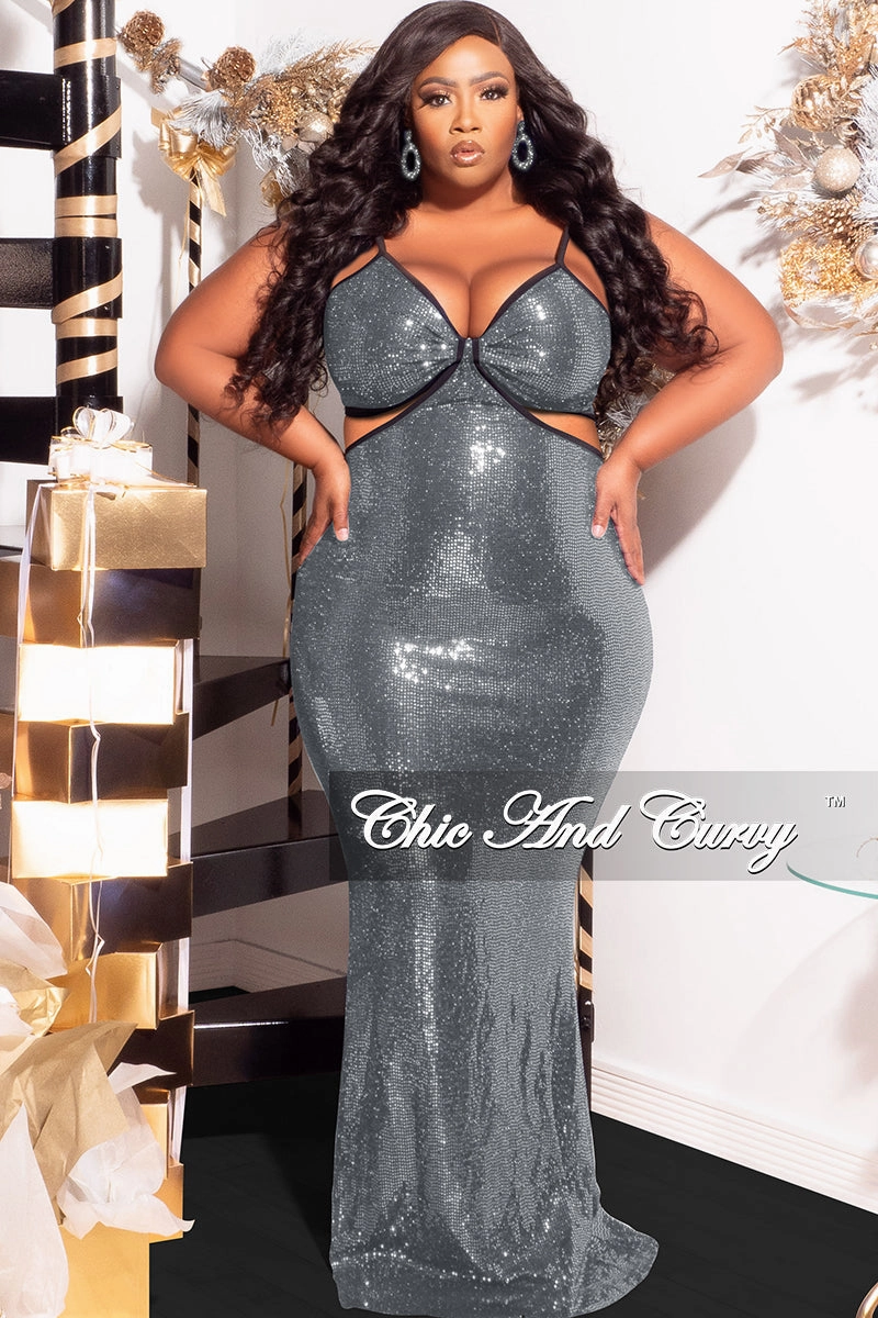 Flexible Activewear Final Sale Plus Size Spaghetti Strap Faux Sequin Gown with Cut Outs in Silver
