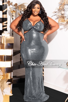 Effortless Fit Cozy Essentials Final Sale Plus Size Spaghetti Strap Faux Sequin Gown with Cut Outs in Silver