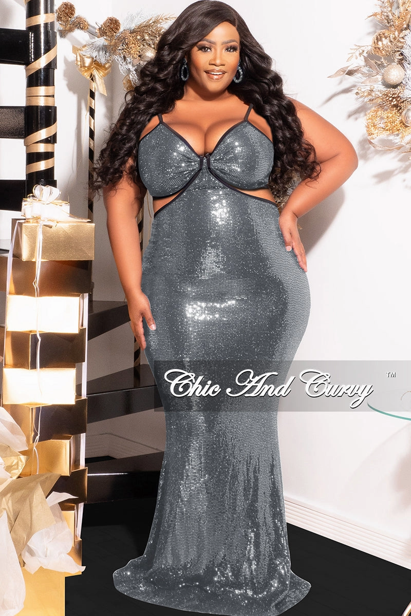 Final Sale Plus Size Spaghetti Strap Faux Sequin Gown with Cut Outs in Silver Timeless Appeal