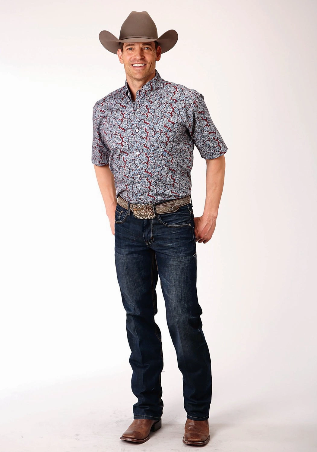 Roper Mens Wine 100% Cotton Liberty Paisley BD S/S Shirt First Date