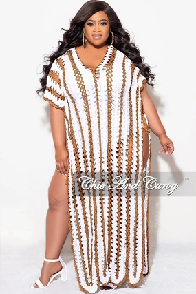 Final Sale Plus Size Crochet Cover Up in White & Tan Lightweight Flex Distressed finish