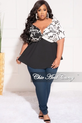 Comfy Ease Classic Fit Final Sale Plus Size Faux Wrap ColorBlock Peplum Top in Black and White Art Print
