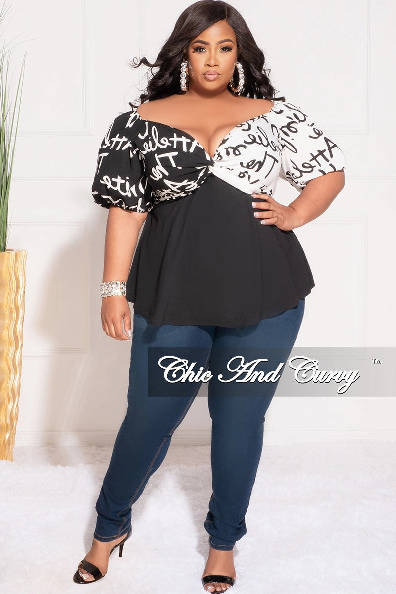 RecycledMaterial Flexible Gusset Final Sale Plus Size Faux Wrap ColorBlock Peplum Top in Black and White Art Print