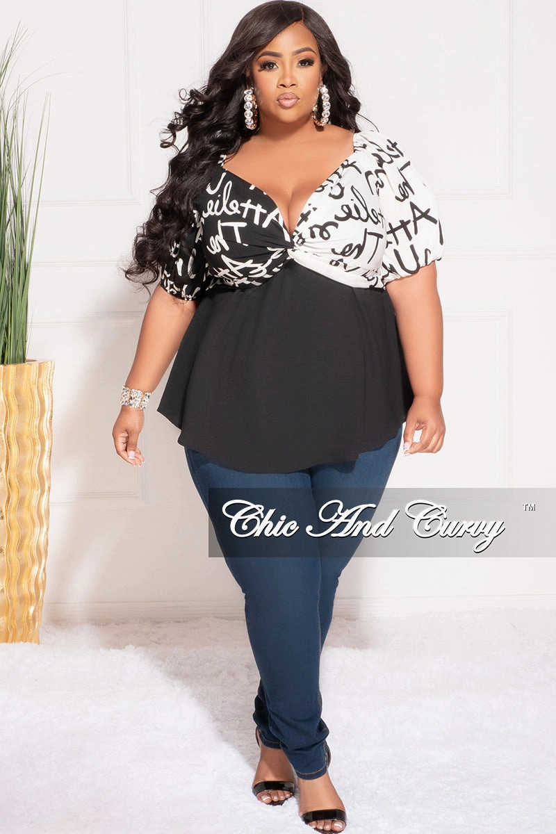 Final Sale Plus Size Faux Wrap ColorBlock Peplum Top in Black and White Art Print Side zipper