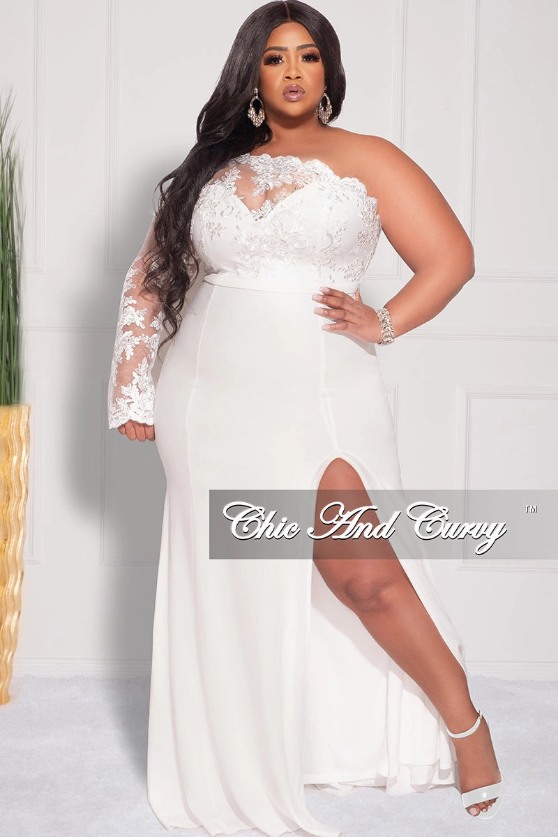Minimal Vibe Dynamic Motion Final Sale Plus Size One Shoulder Long Sleeve Lace Detail Gown with Side Slit in Ivory