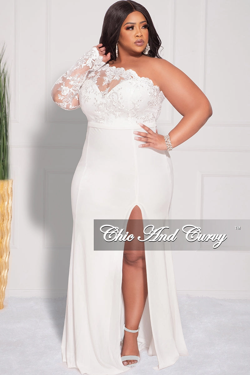 Durable Hem Final Sale Plus Size One Shoulder Long Sleeve Lace Detail Gown with Side Slit in Ivory