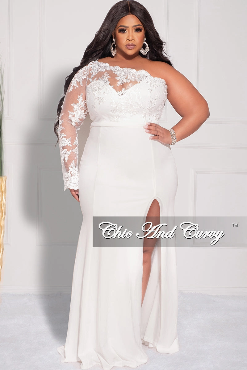 Sporty Layer Final Sale Plus Size One Shoulder Long Sleeve Lace Detail Gown with Side Slit in Ivory