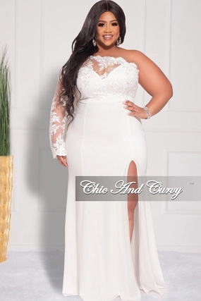 Final Sale Plus Size One Shoulder Long Sleeve Lace Detail Gown with Side Slit in Ivory Reinforced Stitching