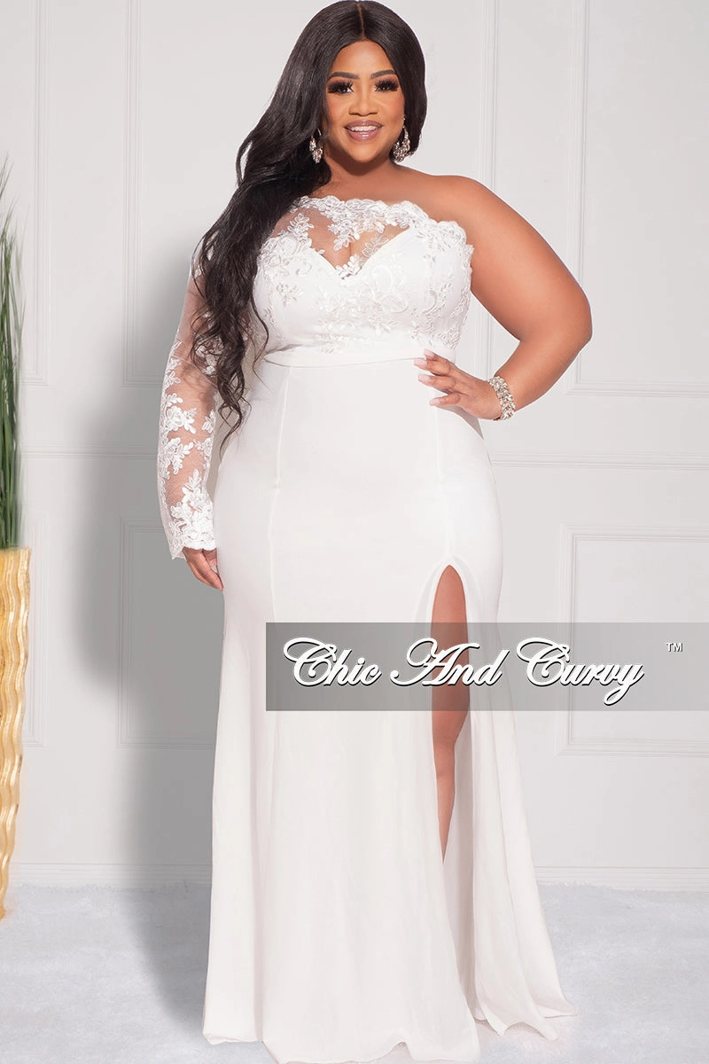 Wool blend Final Sale Plus Size One Shoulder Long Sleeve Lace Detail Gown with Side Slit in Ivory