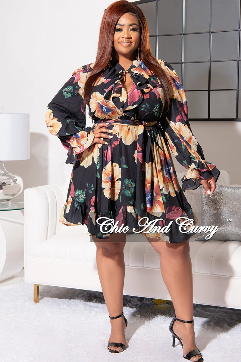 AbrasionResistant Soft Finish Final Sale Plus Size Chiffon Babydoll Skater Dress in Black Floral Print