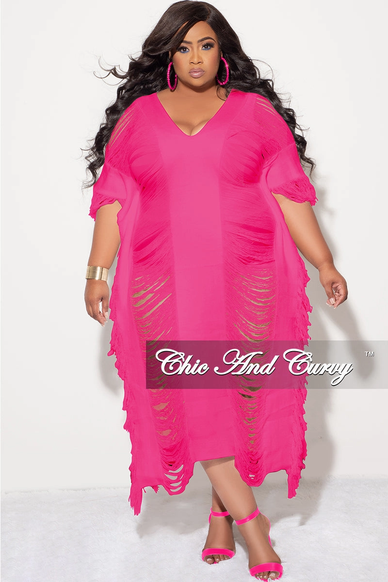 Final Sale Plus Size Distressed Sweater Midi Fringe Dress in Pink Quick-Dry Fabric