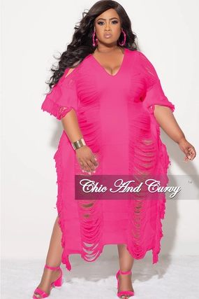 Final Sale Plus Size Distressed Sweater Midi Fringe Dress in Pink Stretch Panels Comfortable Movement