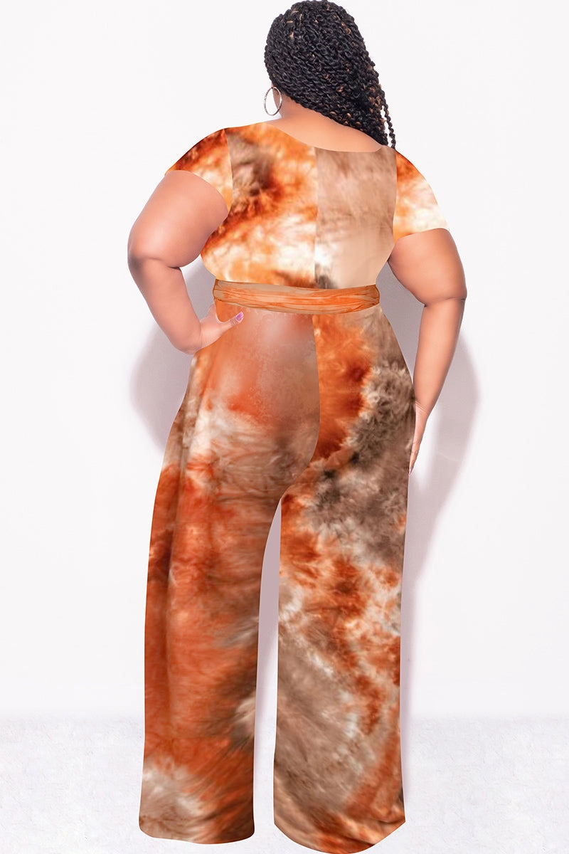Move Freely Final Sale Plus Size 2pc Short Sleeve Tie Top and Pants Set in Brown & Rust Tie Dye Print
