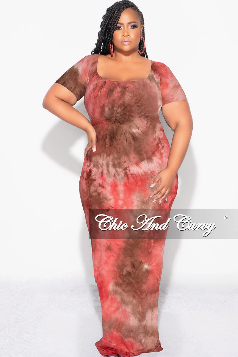 Final Sale Plus Size Short Sleeve Deep Scoop Neck Maxi Dress in Red & Brown Tie Dye Print Core Stretch Active Look