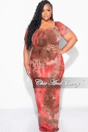 Functional Fit Final Sale Plus Size Short Sleeve Deep Scoop Neck Maxi Dress in Red & Brown Tie Dye Print
