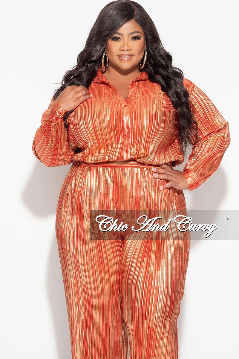 Final Sale Plus Size 2pc Oversized Collar Button Up Top and Palazzo Pleated Pants in 2pc Set Rust and Gold Linen blend