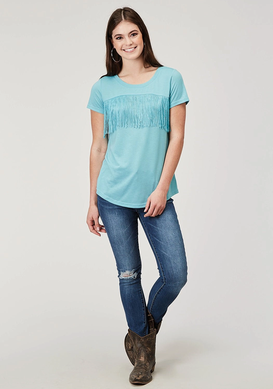 High-End Finish Roper Womens Matching Fringe Light Blue Poly/Cotton S/S T-Shirt