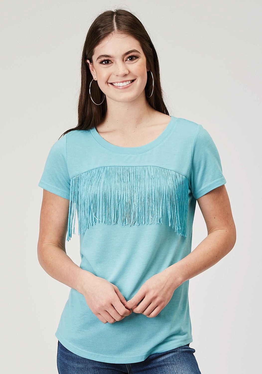 Roper Womens Matching Fringe Light Blue Poly/Cotton S/S T-Shirt Durable Material Trendy Look