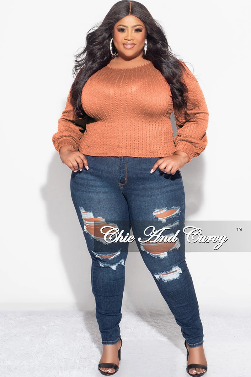 Final Sale Plus Size Knit Long sleeve Top in Rust Comfy Texture Everyday Comfort Wear