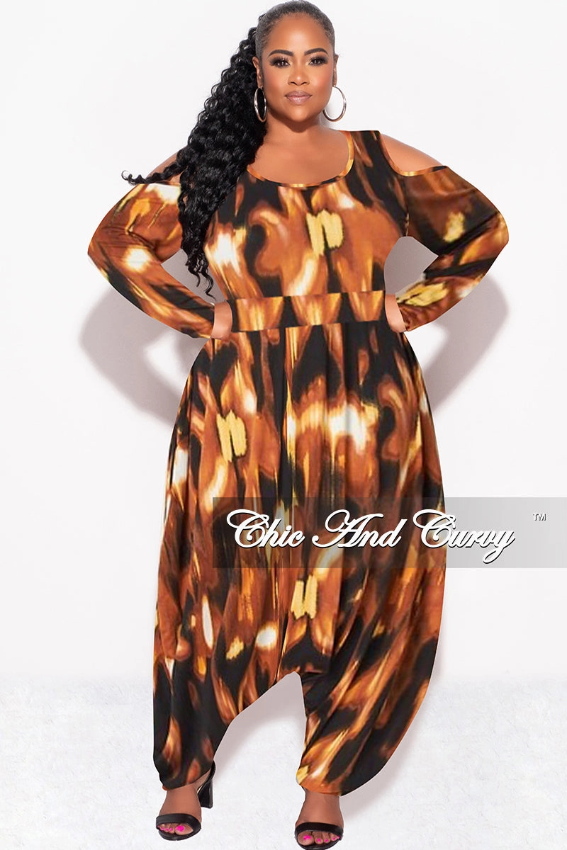 Lightweight Weave Final Sale Plus Size Cold Shoulder Harem Jumpsuit in Brown Multi-Print