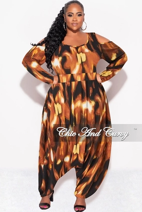 Lightweight Weave Final Sale Plus Size Cold Shoulder Harem Jumpsuit in Brown Multi-Print