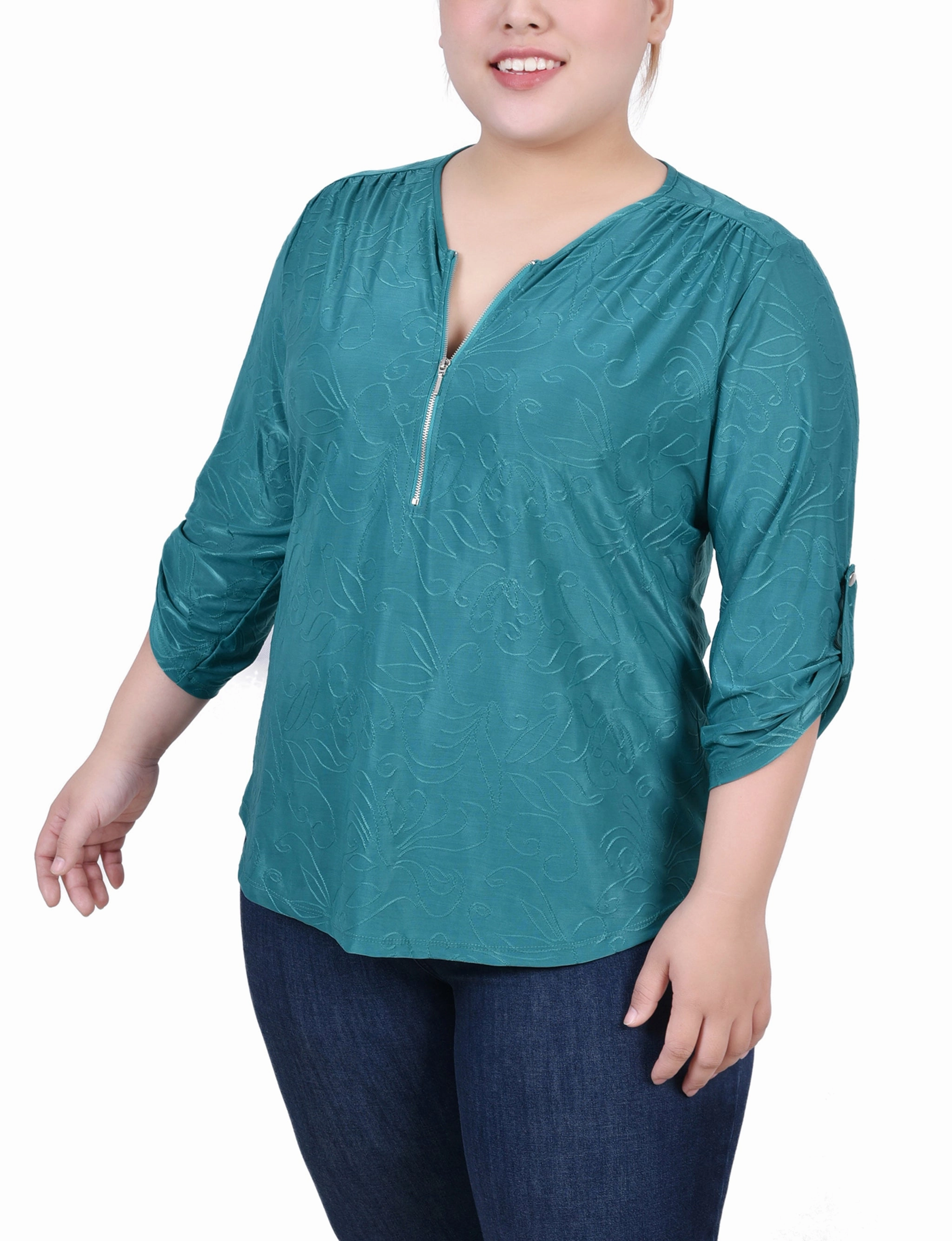 Plus Size 3/4 Roll Tab Zip Front Jacquard Knit Top Thermal Insulation Tech ButterSoftTexture